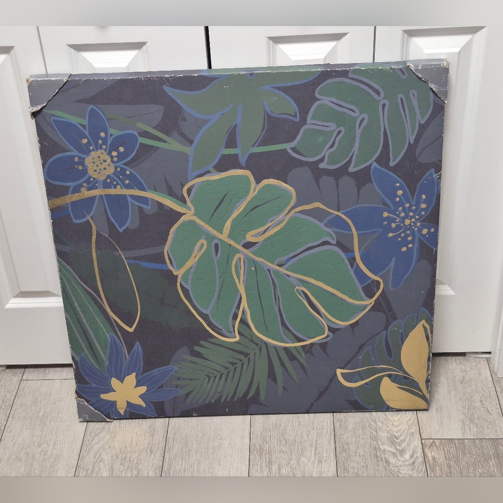 Hometrends 30X30inch Tropical Leaf and Flower Wall Art - Green, Blue, and Gold